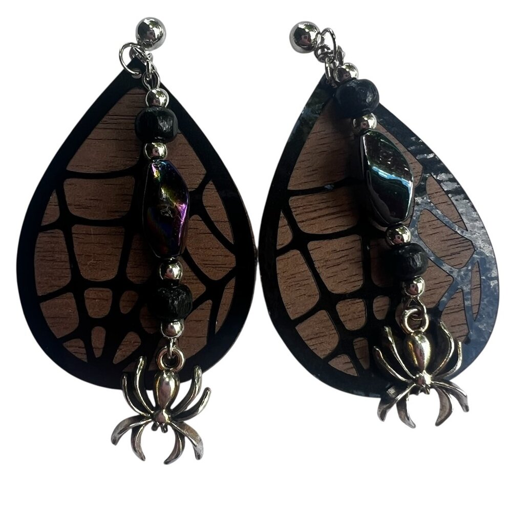 Silver Spider on Wood Web with Iridescent Bead Stud Earrings